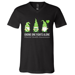 Gnome One Fights Alone Mental Health Awareness Green Ribbon V-Neck T-Shirt