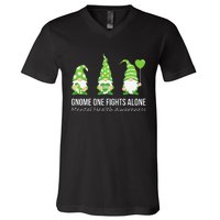 Gnome One Fights Alone Mental Health Awareness Green Ribbon V-Neck T-Shirt