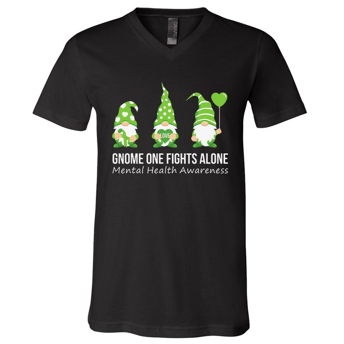 Gnome One Fights Alone Mental Health Awareness Green Ribbon V-Neck T-Shirt