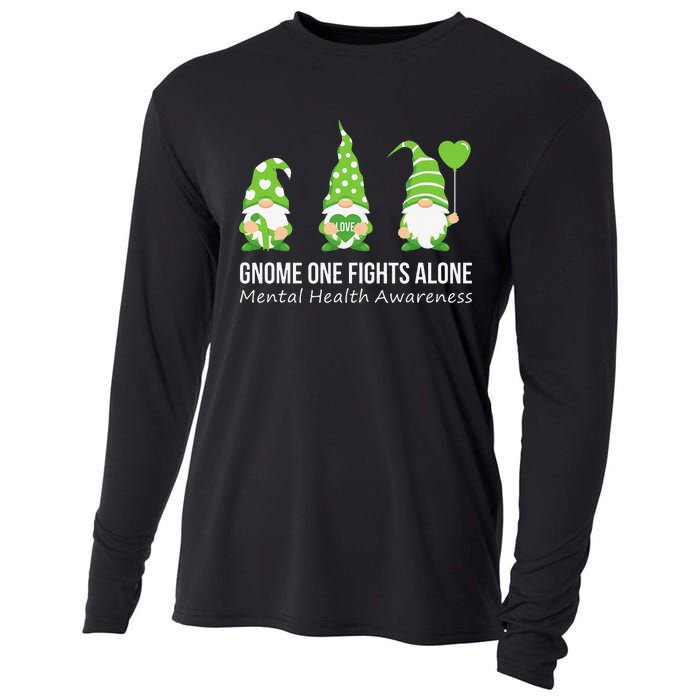 Gnome One Fights Alone Mental Health Awareness Green Ribbon Cooling Performance Long Sleeve Crew