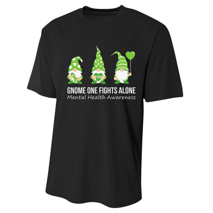 Gnome One Fights Alone Mental Health Awareness Green Ribbon Performance Sprint T-Shirt