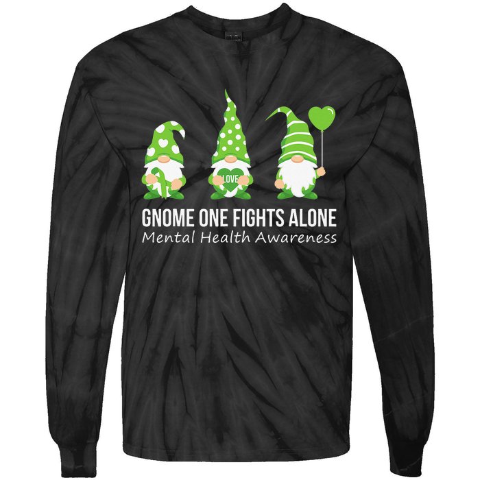 Gnome One Fights Alone Mental Health Awareness Green Ribbon Tie-Dye Long Sleeve Shirt