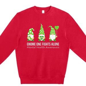 Gnome One Fights Alone Mental Health Awareness Green Ribbon Premium Crewneck Sweatshirt