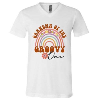 Grandma Of Groovy One Matching Family 1st Birthday Party V-Neck T-Shirt