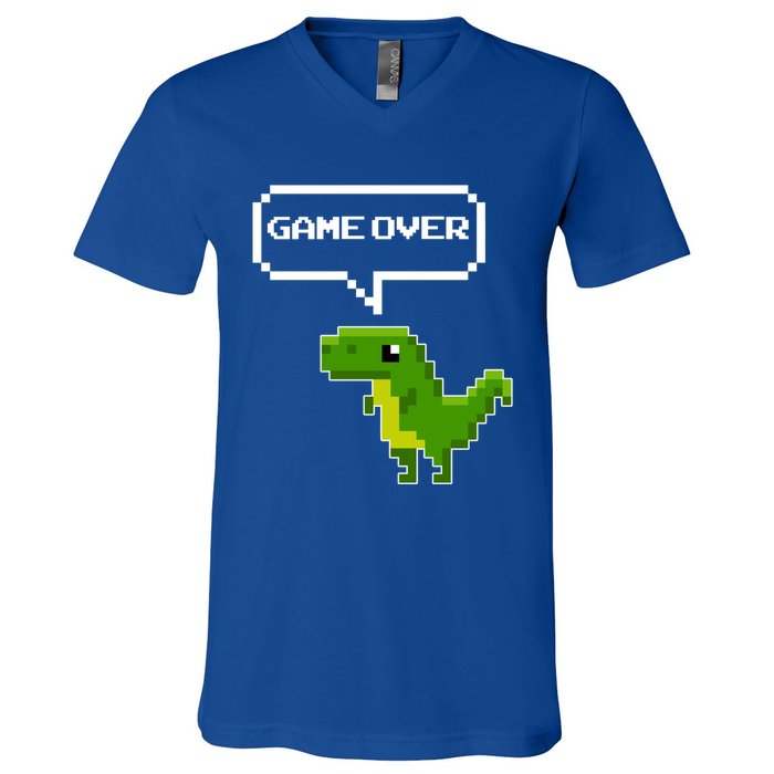 Game Over Gift Funny T Rex Dinosaur Vintage Retro Gaming Gift V-Neck T-Shirt