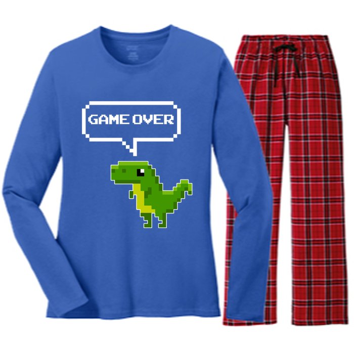 Game Over Gift Funny T Rex Dinosaur Vintage Retro Gaming Gift Women's Long Sleeve Flannel Pajama Set 