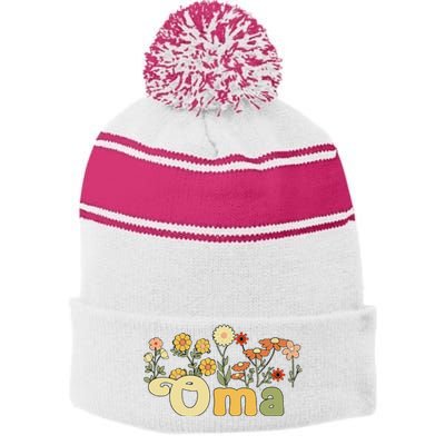 Groovy Oma Grandmother Flowers Oma Grandma Stripe Pom Pom Beanie