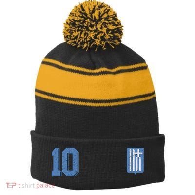 Greece Or Hellas Design In Football Soccer Style Stripe Pom Pom Beanie