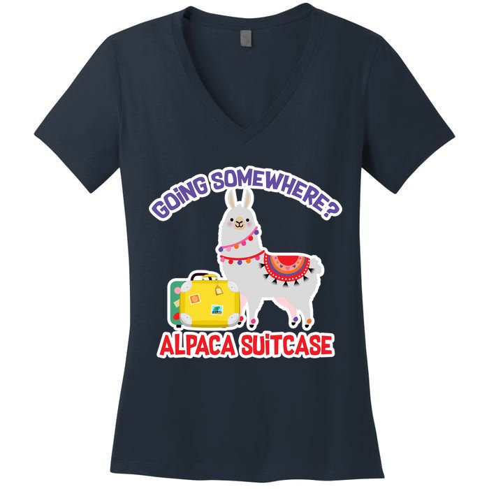 Going Somewhere Alpaca Suitcase Women's V-Neck T-Shirt
