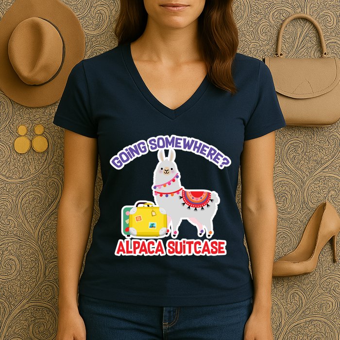 Going Somewhere Alpaca Suitcase Women's V-Neck T-Shirt