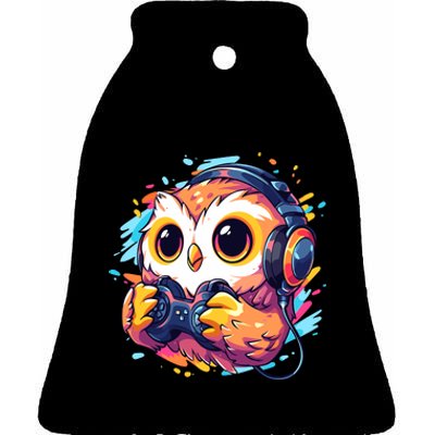 Gamer Owl Kawaii Owl Anime Funny Gaming Cute Owl Video Gamer Ceramic Bell Ornament