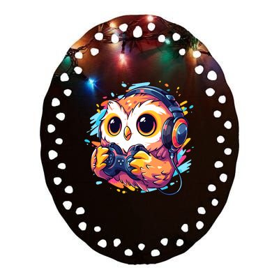 Gamer Owl Kawaii Owl Anime Funny Gaming Cute Owl Video Gamer Ceramic Oval Ornament