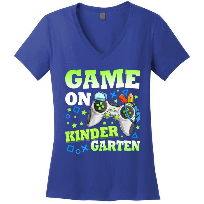 Game On Kindergarten Back To School Gamer Video Games Funny Gift Women's V-Neck T-Shirt