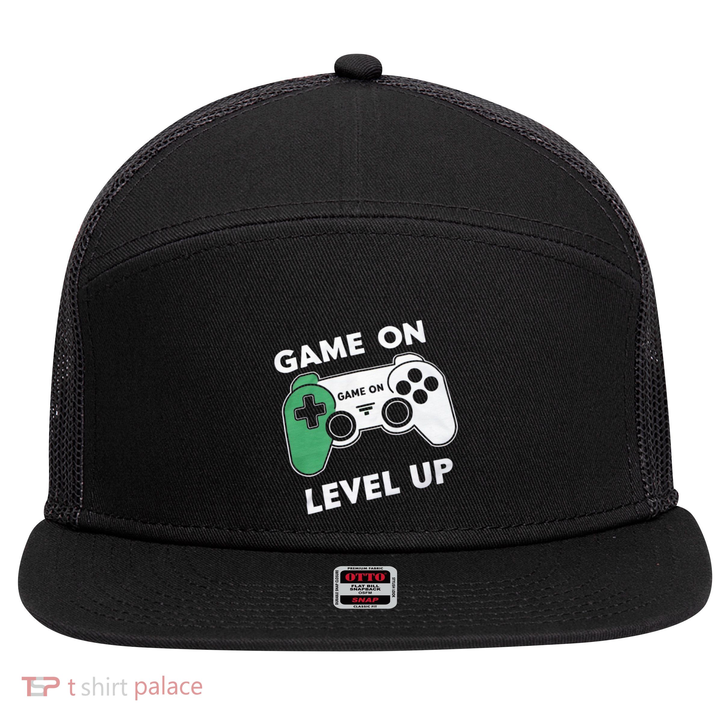 Game On Level Up Video Gamer Gift 7 Panel Mesh Trucker Snapback Hat