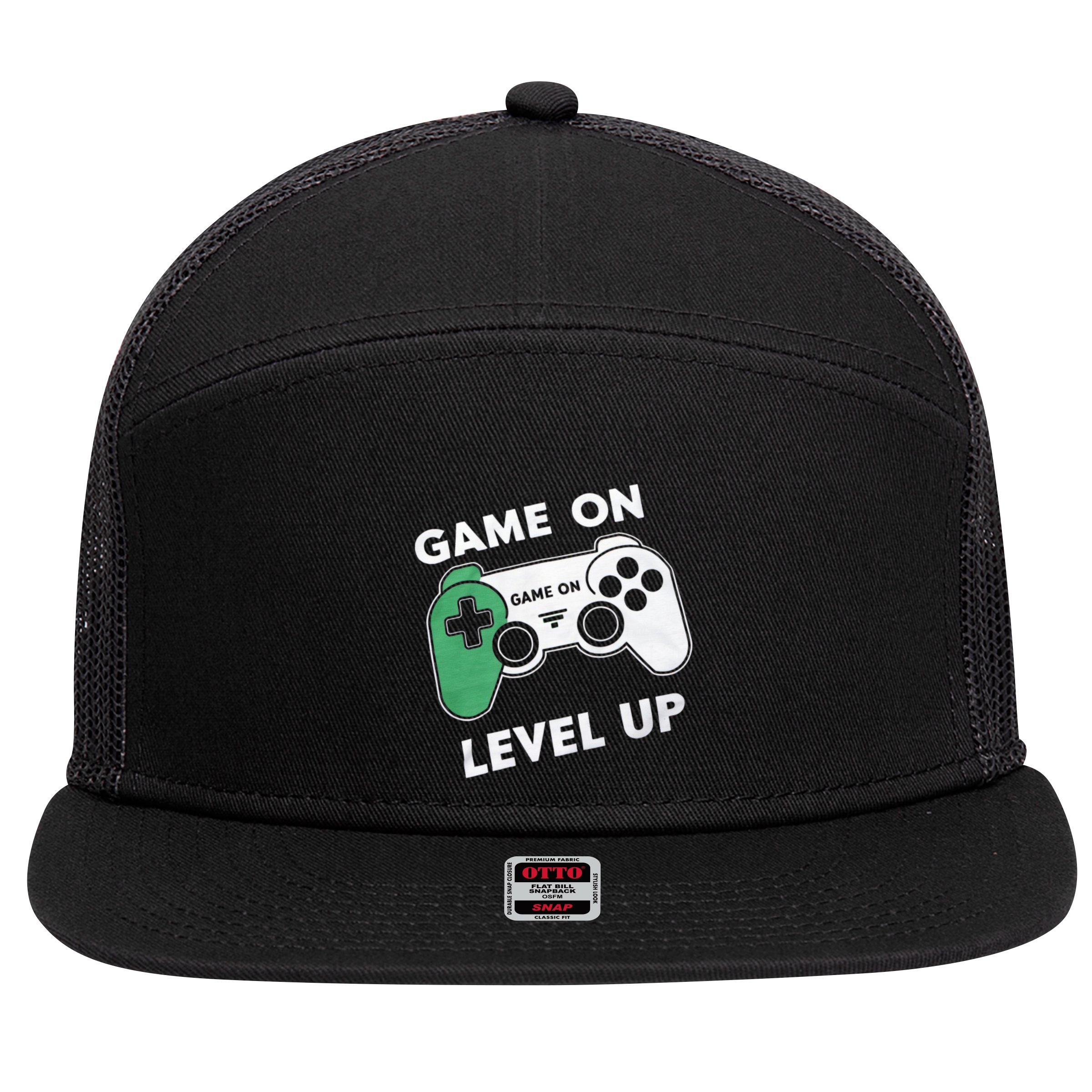 Game On Level Up Video Gamer Gift 7 Panel Mesh Trucker Snapback Hat
