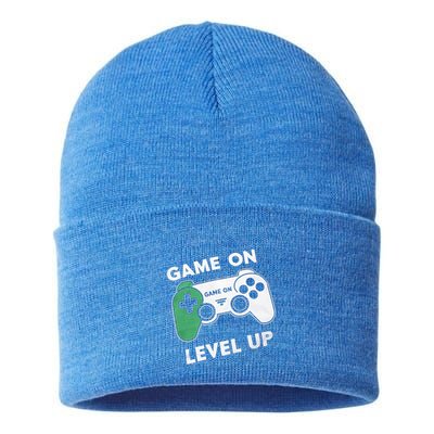 Game On Level Up Video Gamer Gift Sustainable Knit Beanie