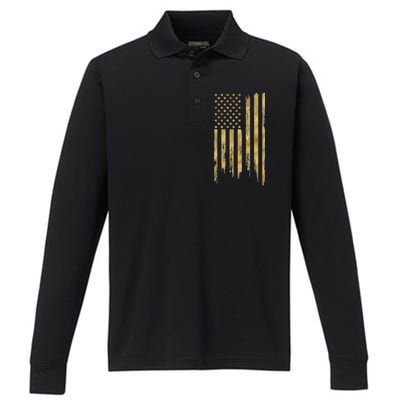 Gold American Flag Limited Addition  Performance Long Sleeve Polo