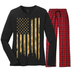 Gold American Flag Limited Addition  Women's Long Sleeve Flannel Pajama Set 