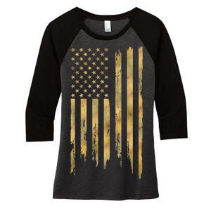 Gold American Flag Limited Addition  Women's Tri-Blend 3/4-Sleeve Raglan Shirt