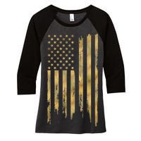 Gold American Flag Limited Addition  Women's Tri-Blend 3/4-Sleeve Raglan Shirt