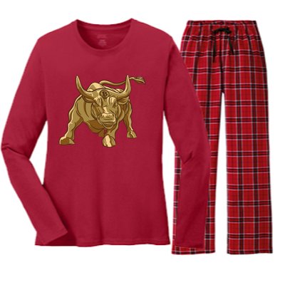 Gold Bitcoin Bull Women's Long Sleeve Flannel Pajama Set 