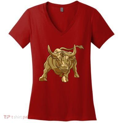 Gold Bitcoin Bull Women's V-Neck T-Shirt