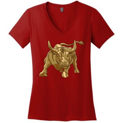 Gold Bitcoin Bull Women's V-Neck T-Shirt