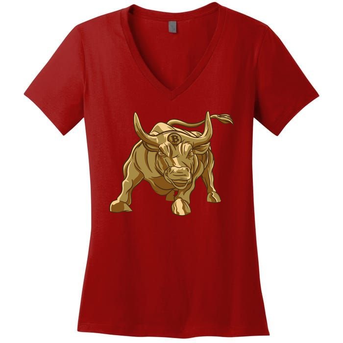 Gold Bitcoin Bull Women's V-Neck T-Shirt