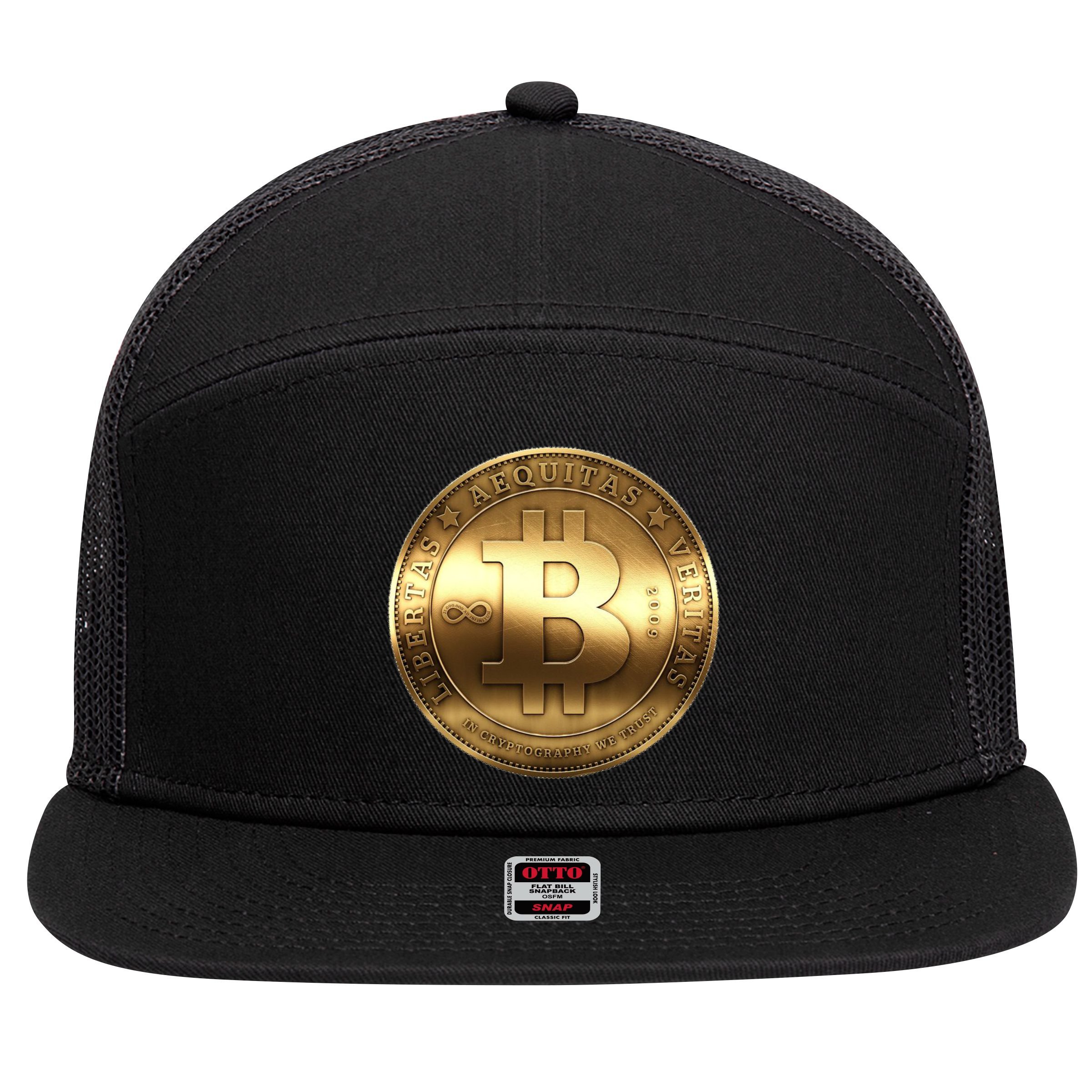 Gold Bitcoin Crypto Currency 7 Panel Mesh Trucker Snapback Hat