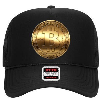 Gold Bitcoin Crypto Currency High Crown Mesh Back Trucker Hat