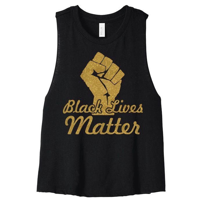 Gold Black Lives Matter Fist Logo Women's Racerback Cropped Tank