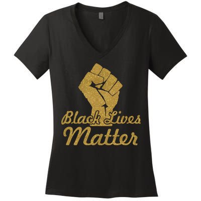 Gold Black Lives Matter Fist Logo Women's V-Neck T-Shirt