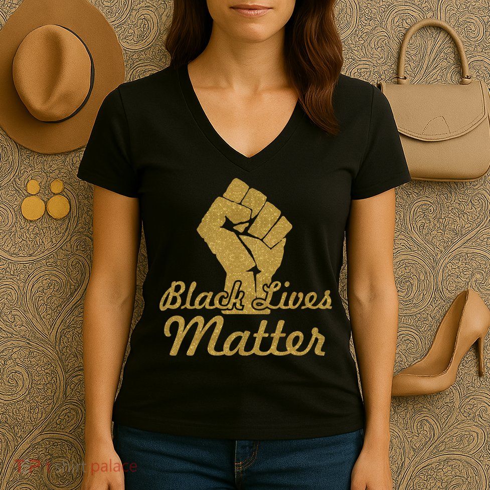 Gold Black Lives Matter Fist Logo Women's V-Neck T-Shirt