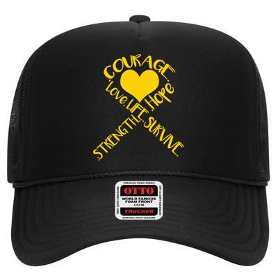 Gold Ribbon Of Words Tribute High Crown Mesh Back Trucker Hat