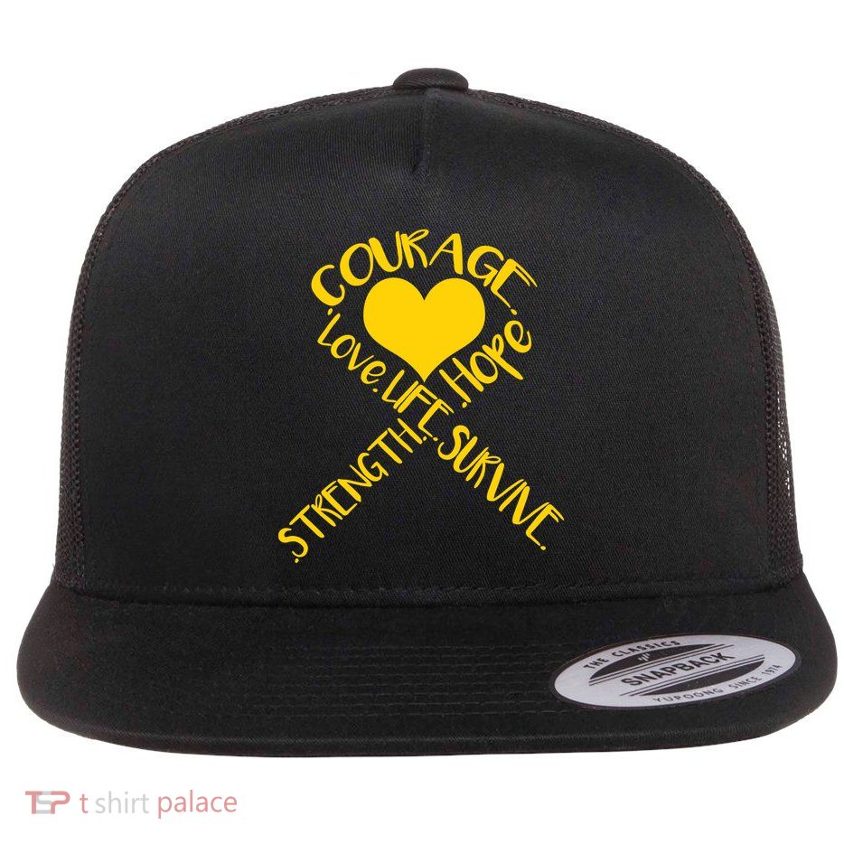 Gold Ribbon Of Words Tribute Flat Bill Trucker Hat