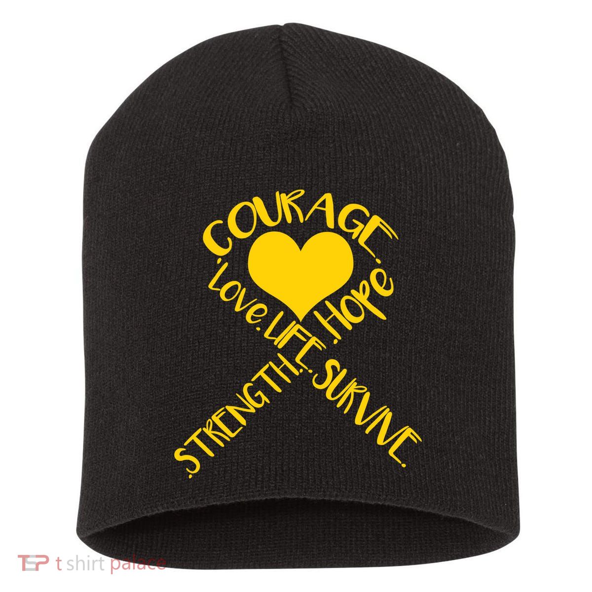 Gold Ribbon Of Words Tribute Short Acrylic Beanie