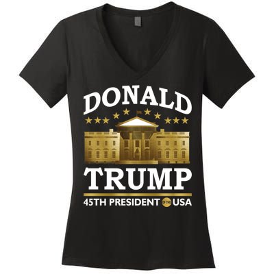 Gold White House Donald Trump 45th President Women's V-Neck T-Shirt