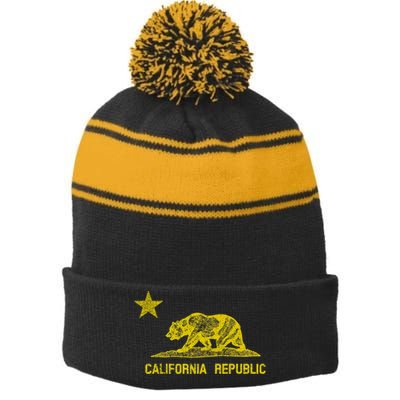 Golden California Republic Bear Flag Stripe Pom Pom Beanie