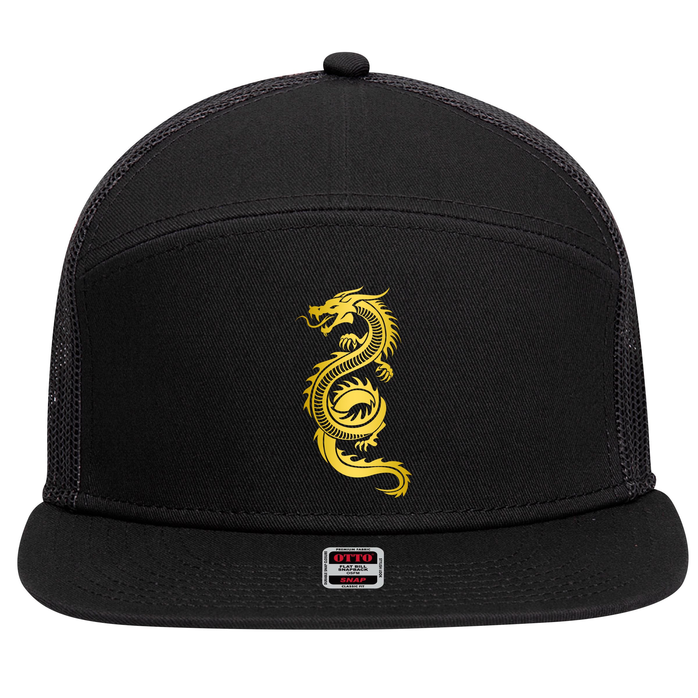 Golden Chinese Dragon 7 Panel Mesh Trucker Snapback Hat