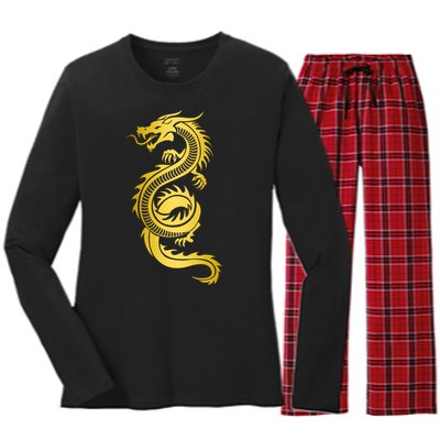 Golden Chinese Dragon Women's Long Sleeve Flannel Pajama Set 