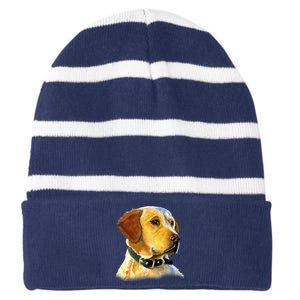 Golden Retriever Dog Portrait Striped Beanie with Solid Band