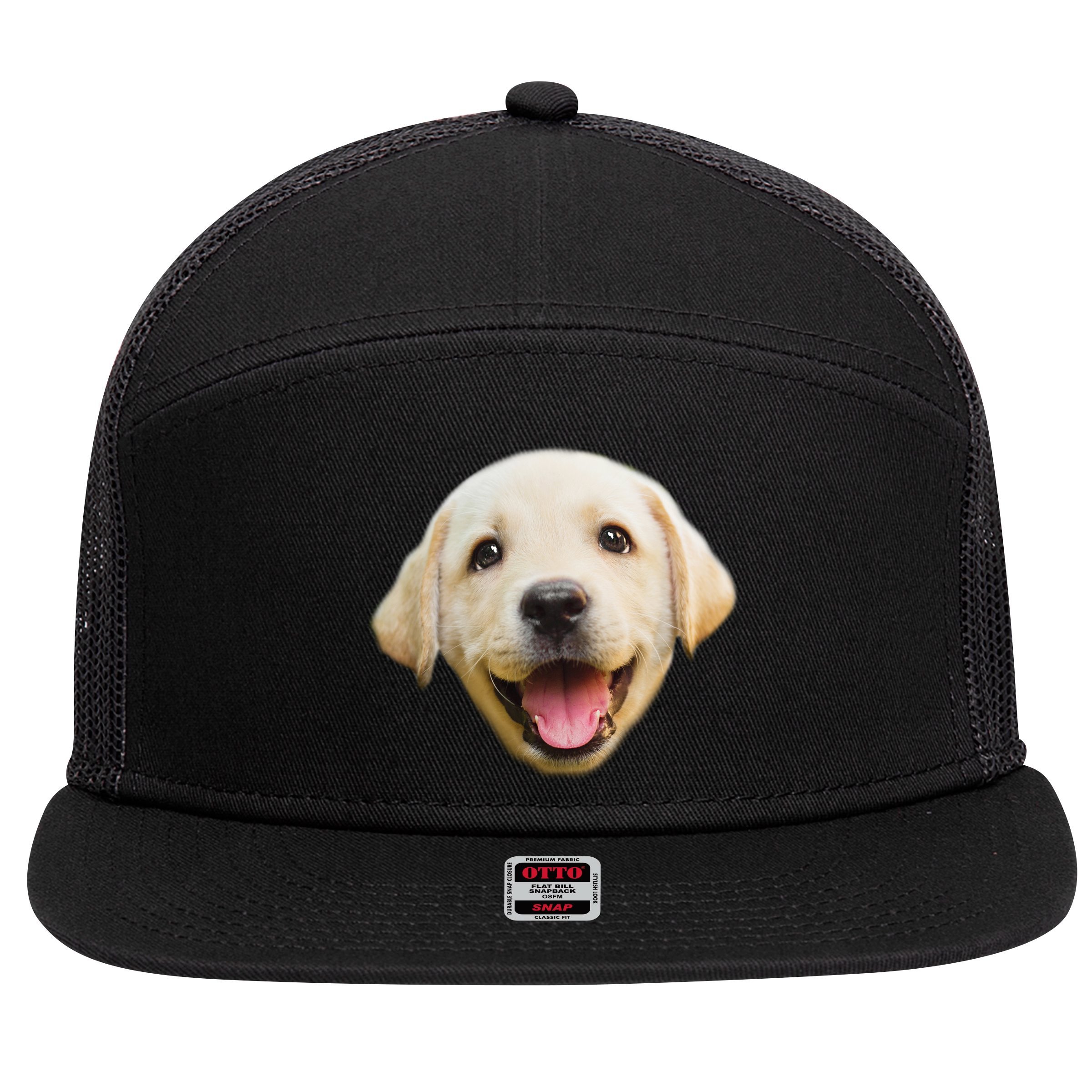 Golden Retriever Pup Face 7 Panel Mesh Trucker Snapback Hat