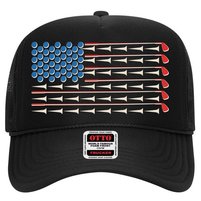 Golf Balls Tees Clubs USA American Flag High Crown Mesh Back Trucker Hat