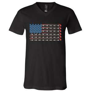 Golf Balls Tees Clubs USA American Flag V-Neck T-Shirt