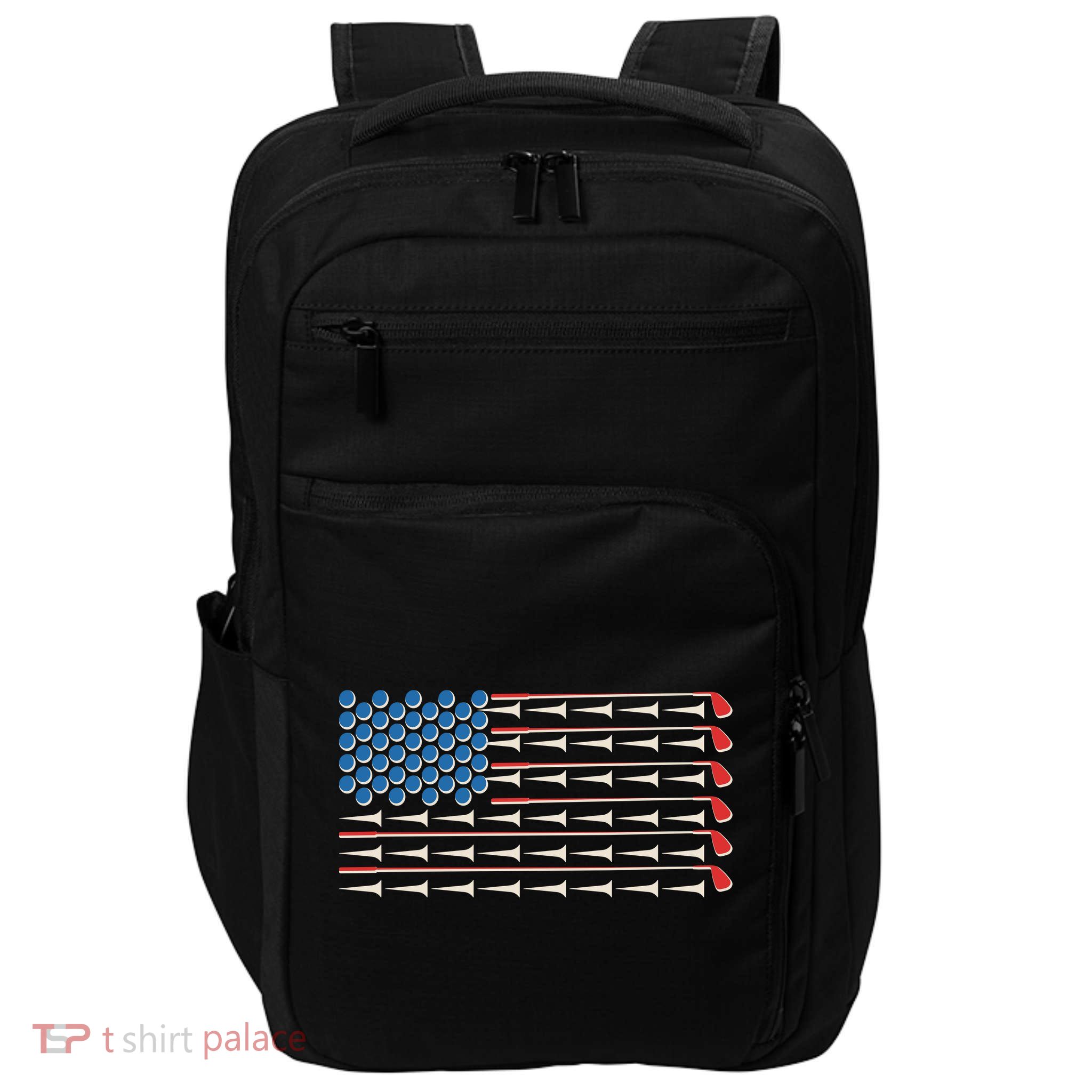 Golf Balls Tees Clubs USA American Flag Impact Tech Backpack