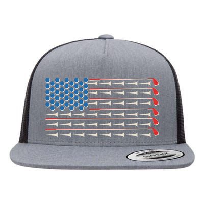 Golf Balls Tees Clubs USA American Flag Flat Bill Trucker Hat