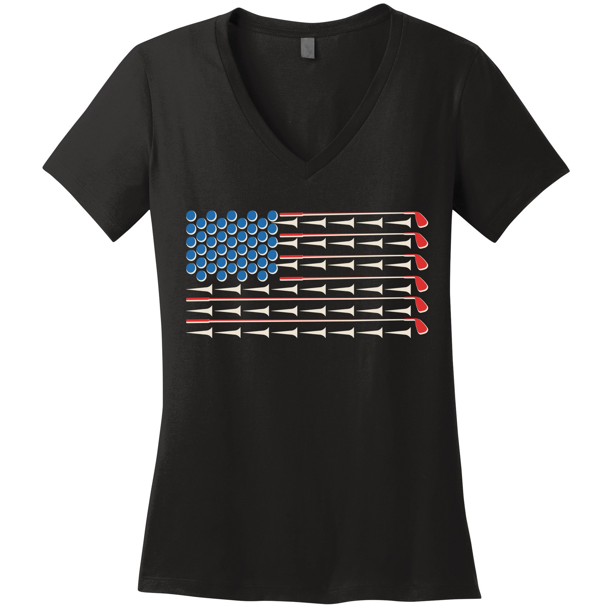 Golf Balls Tees Clubs USA American Flag Women's V-Neck T-Shirt