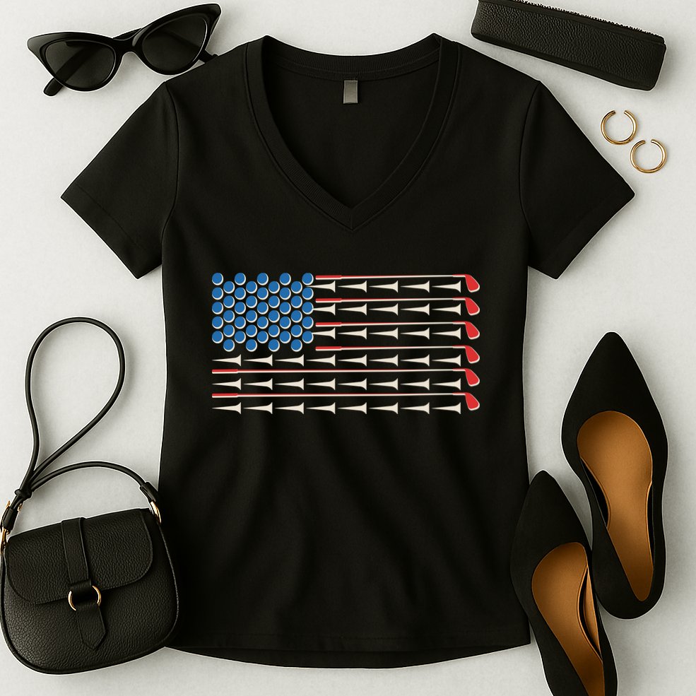Golf Balls Tees Clubs USA American Flag Women's V-Neck T-Shirt