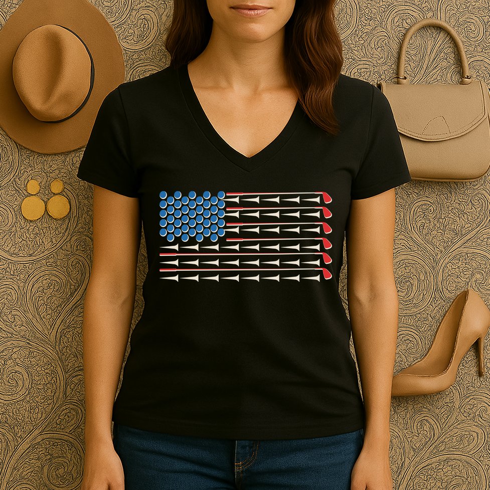 Golf Balls Tees Clubs USA American Flag Women's V-Neck T-Shirt