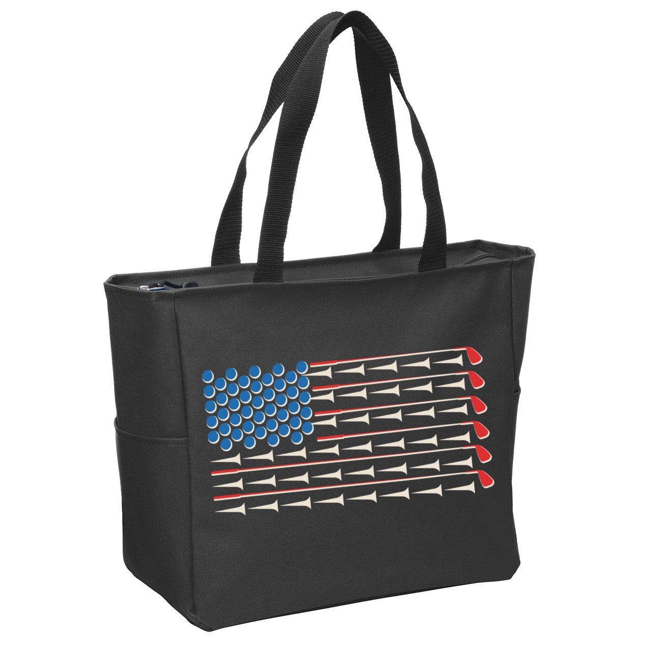 Golf Balls Tees Clubs USA American Flag Zip Tote Bag